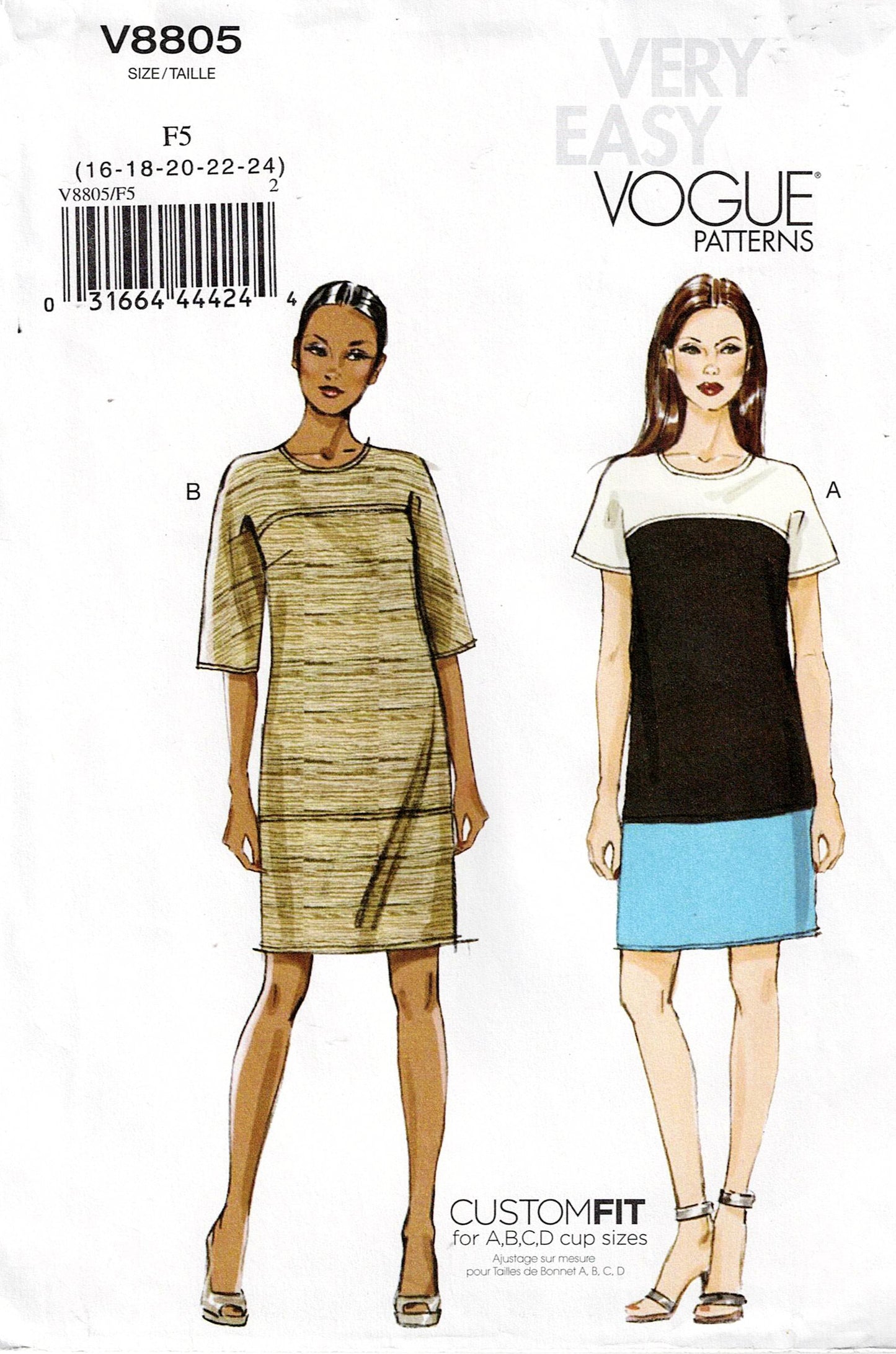 Very Easy Vogue V8805 Womens Pullover Color Block Dress Sewing Pattern Size 8 - 16 or 16 - 24 UNCUT Factory Folded