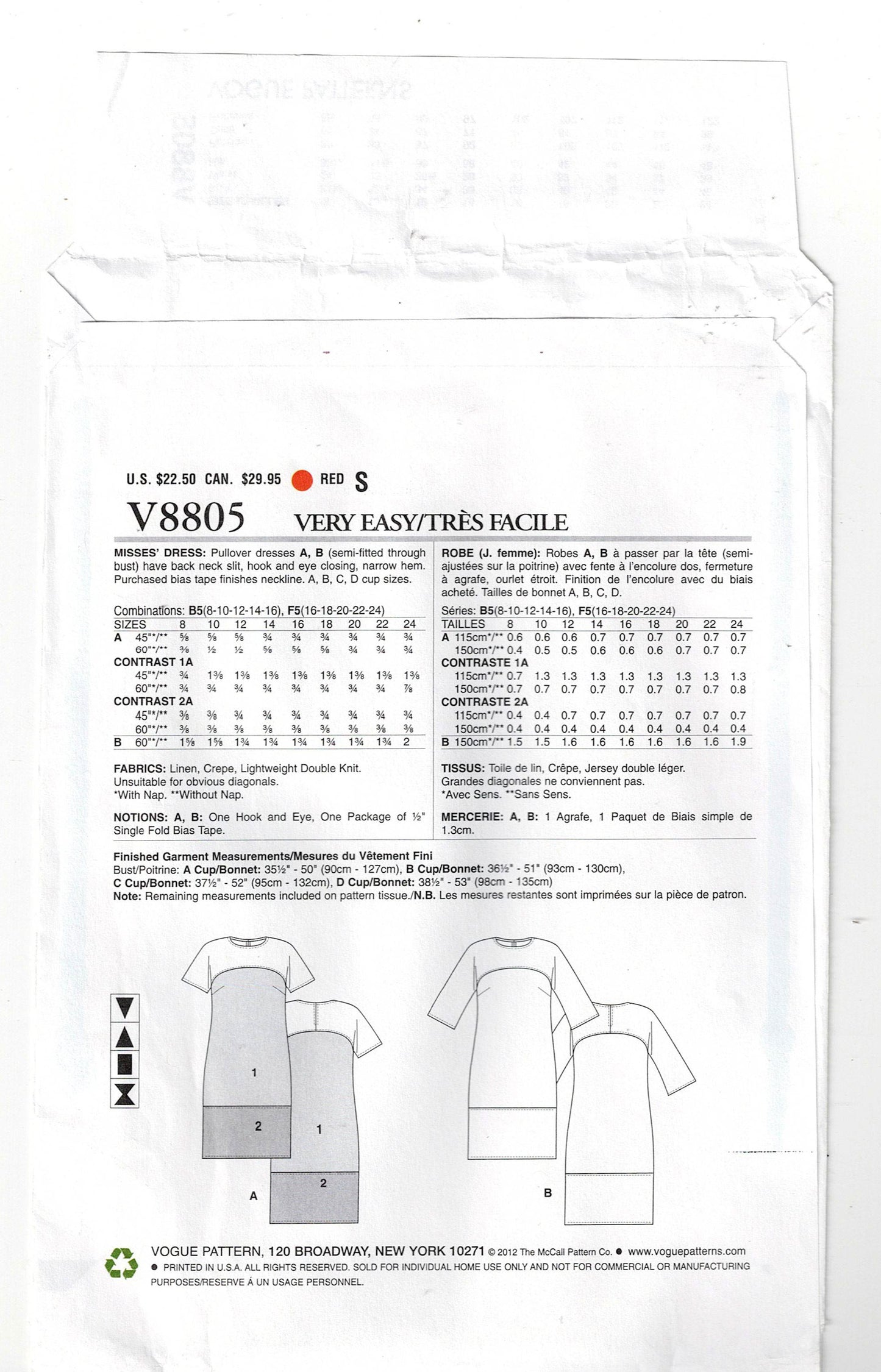 Very Easy Vogue V8805 Womens Pullover Color Block Dress Sewing Pattern Size 8 - 16 or 16 - 24 UNCUT Factory Folded
