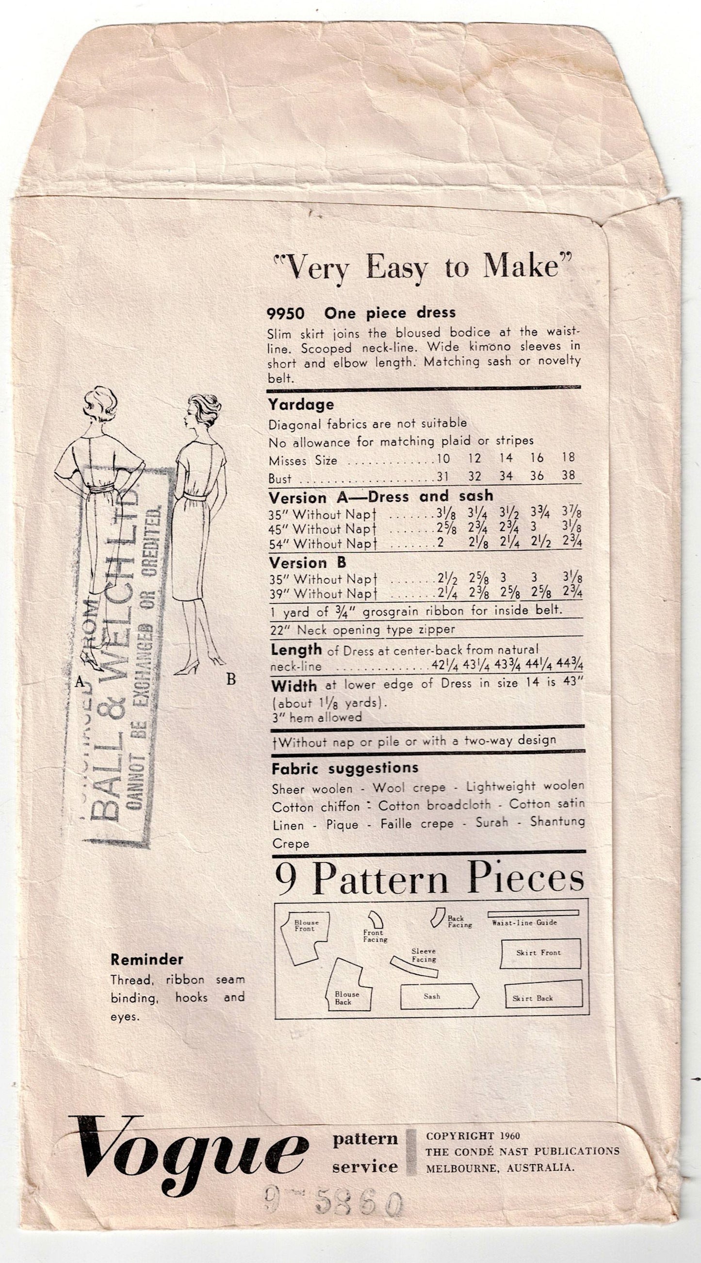 Vogue 9950 EASY Womens Classic Sheath Dress 1960s Vintage Sewing Pattern Size 14 Bust 34 inches