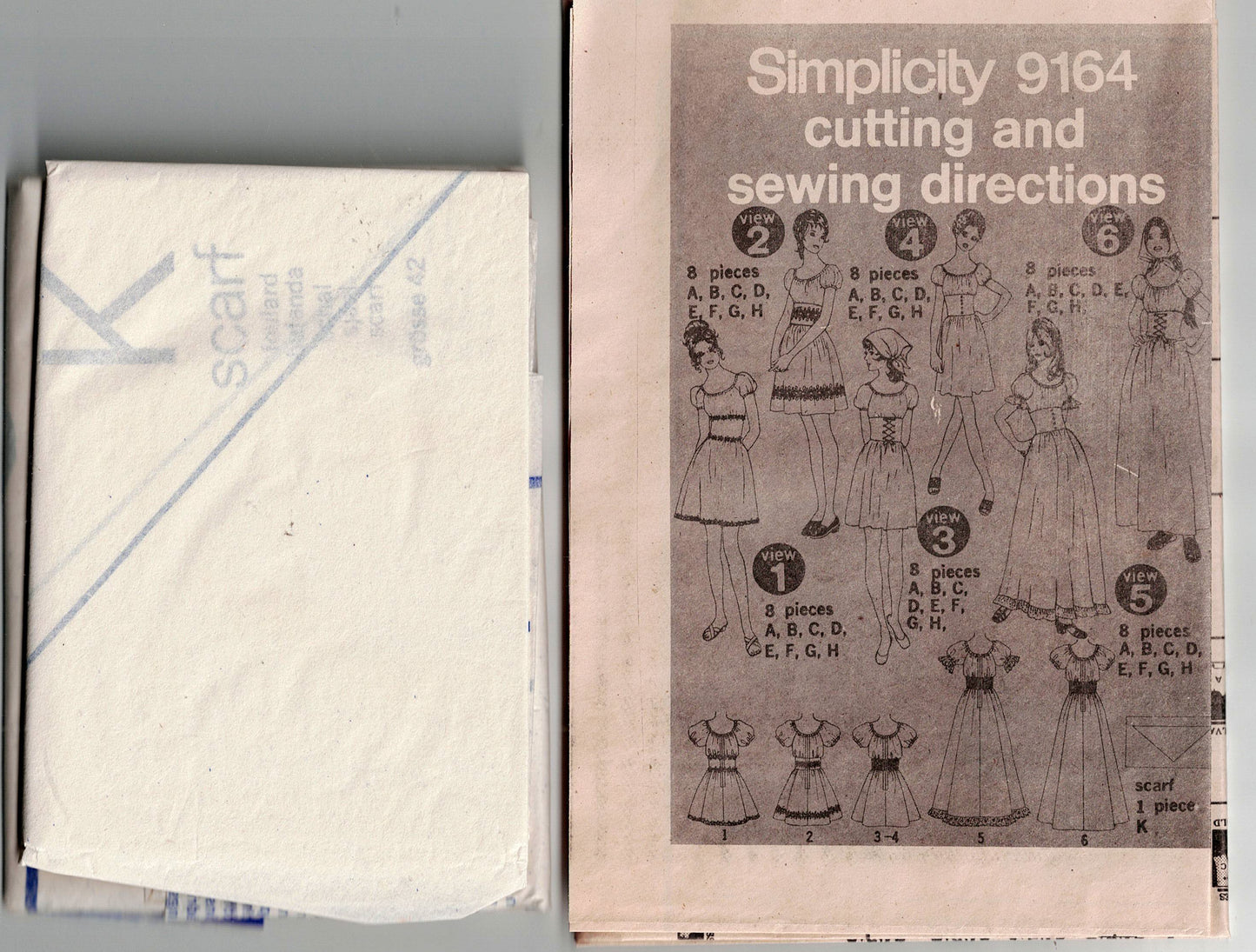 Simplicity 9164 Womens Puff Sleeved Midriff Band Peasant Dress & Scarf 1970s Vintage Sewing Pattern Size 16 Bust 38 inches