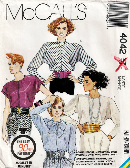 McCall's 4042 Womens Tapered Sleeve Tops 1980s Vintage Sewing Pattern Size 18 - 20 UNCUT Factory Folded
