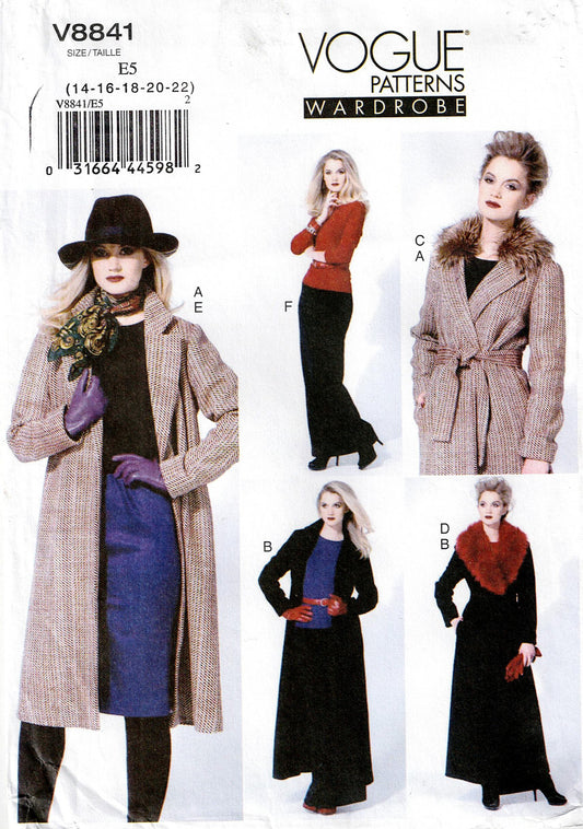 Vogue Wardrobe 8841 Womens Jacket Belt Detachable Fur Collar & Skirt Out of Print Sewing Pattern Sizes 14 - 22 UNCUT Factory Folded