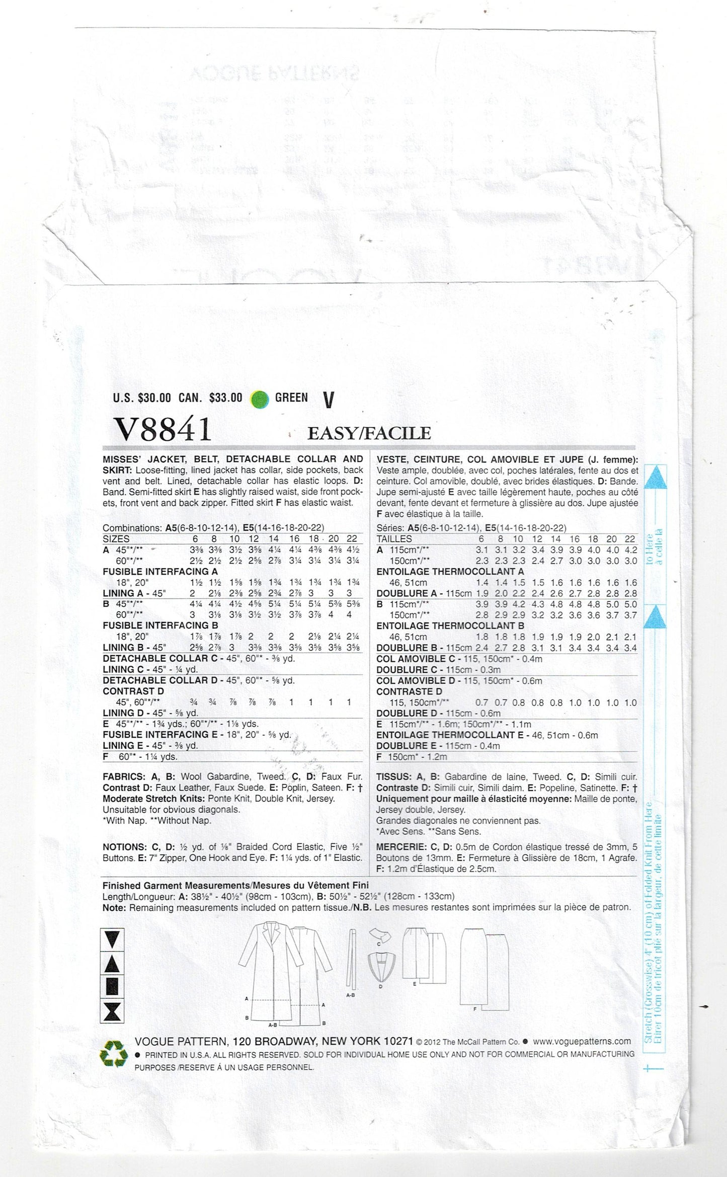 Vogue Wardrobe 8841 Womens Jacket Belt Detachable Fur Collar & Skirt Out of Print Sewing Pattern Sizes 14 - 22 UNCUT Factory Folded
