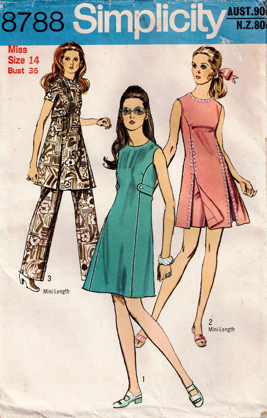 Simplicity 8788 Womens Princess Dress & Pants or Shorts 1970s Vintage Sewing Pattern Size 14 Bust 36 inches UNCUT Factory Folded