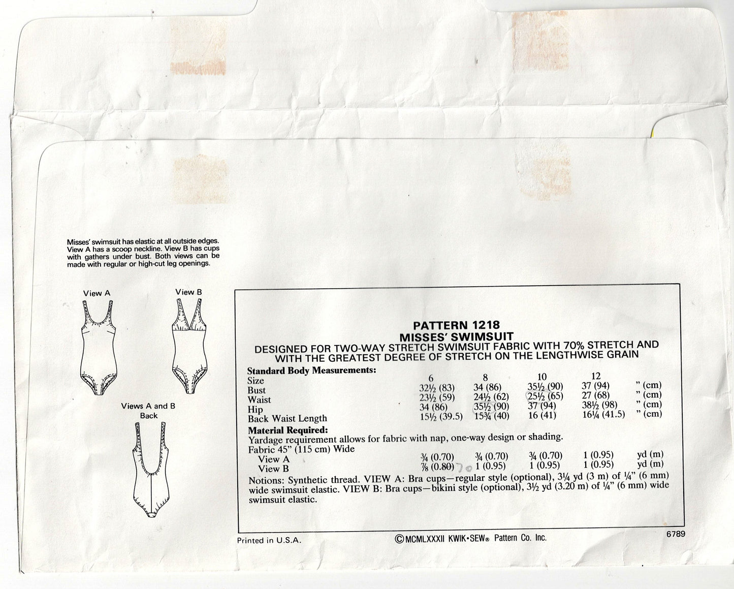 Kwik Sew 1218 Womens One Piece Low Back Stretch Swimsuit 1980s Vintage Sewing Pattern Bust 32 - 37 Inches UNCUT Factory Folded