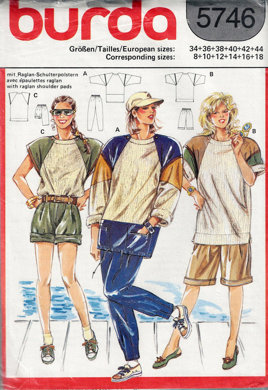 Burda 5746 Womens Loose Fitting Tops Shorts & Pants 1980s Vintage Sewing Pattern Sizes 8 - 18 UNCUT Factory Folded
