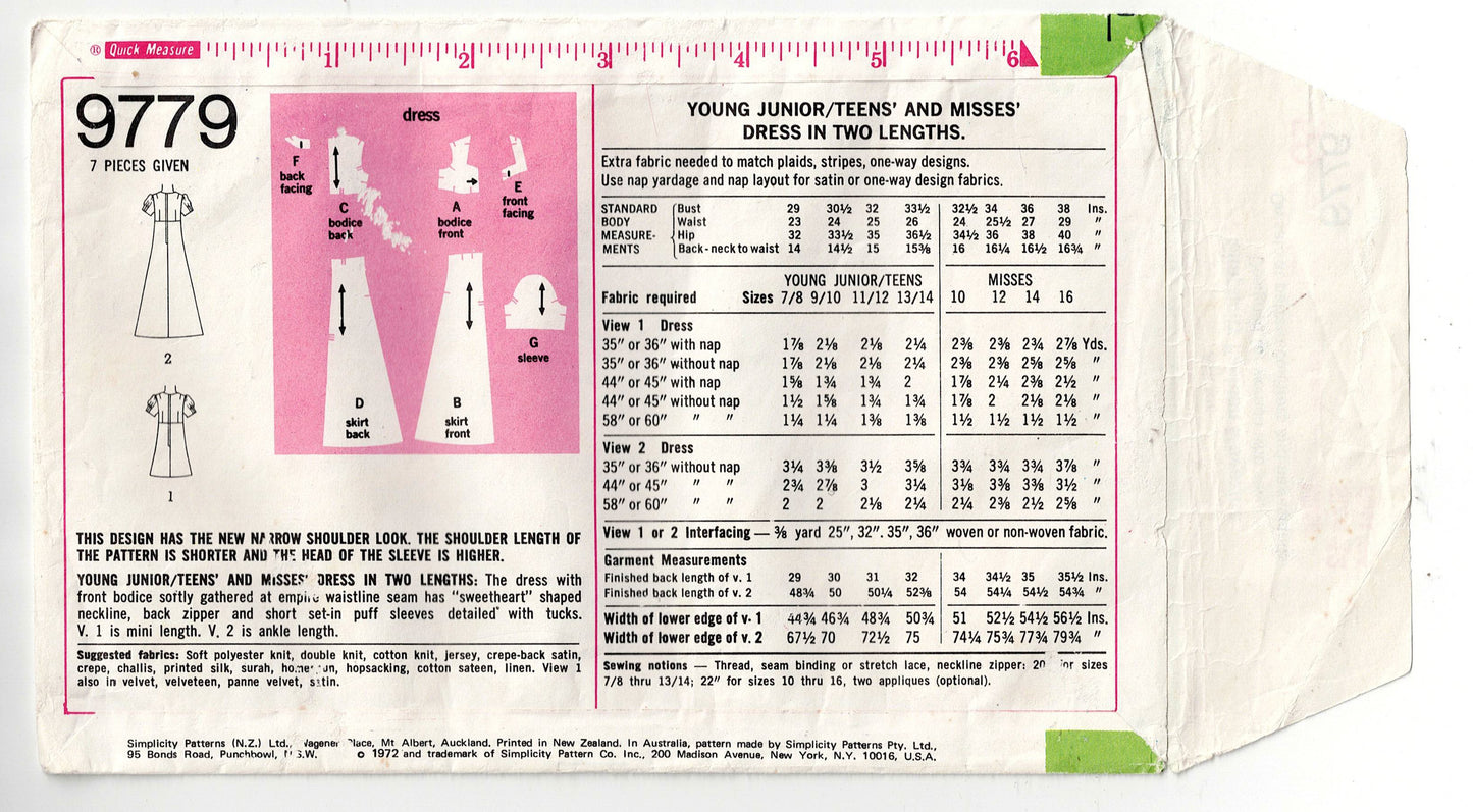 Simplicity 9779 Womens Puff Sleeved Sweetheart Neckline Maxi Dress 1970s Vintage Sewing Pattern Size 12 Bust 34 Inches