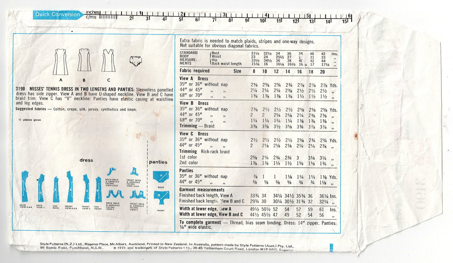 Style 3190 Womens Dress or Tennis Dress & Panties 1970s Vintage Sewing Pattern Bust 38 or 42 Inches