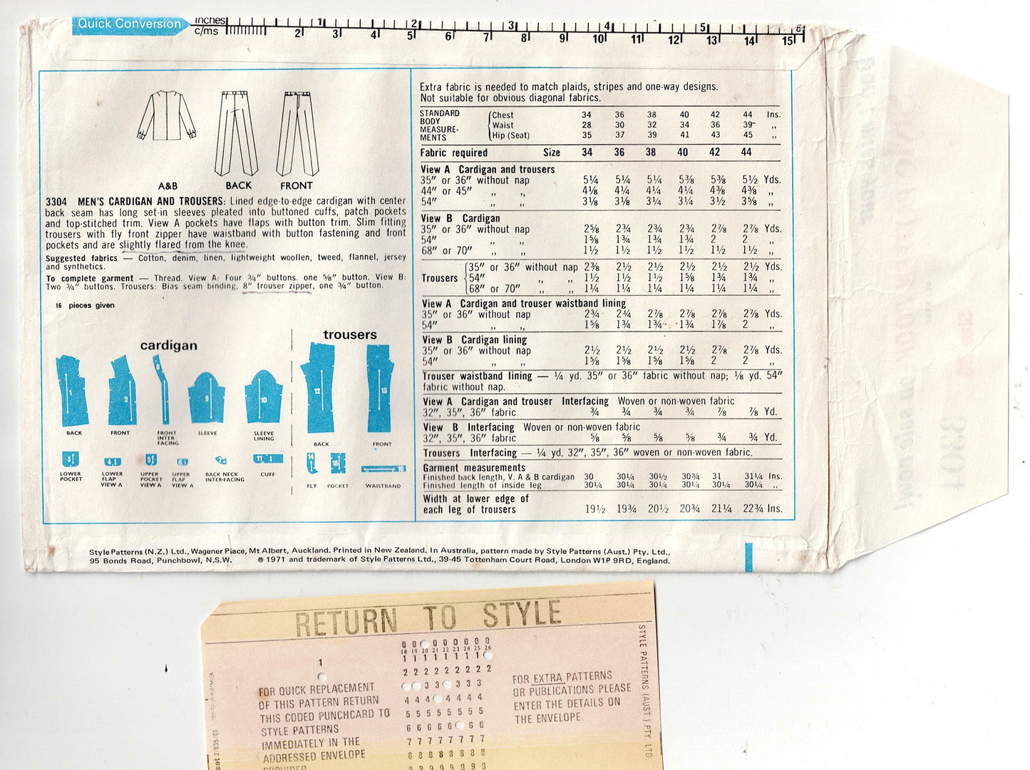 Style 3304 RARE Mens Cardigan Jacket & Trousers 1970s Vintage Sewing Pattern Chest 36 inches UNCUT Factory Folded