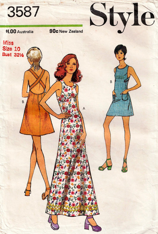 Style 3587 Womens Crossover Back Sundress or Maxi Dress 1970s Vintage Sewing Pattern Size 10 Bust 32.5 inches