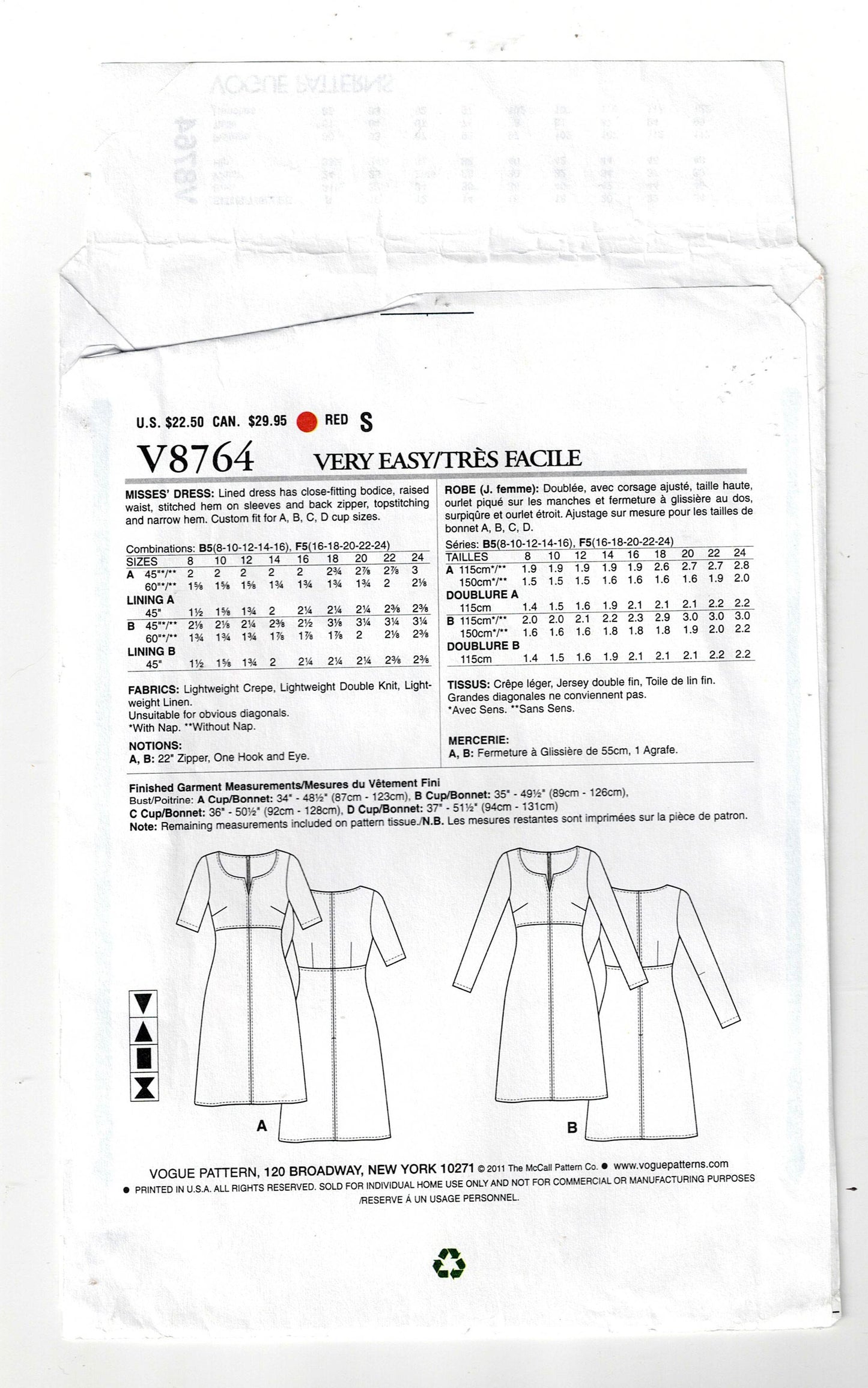 Vogue 8764 Womens CUSTOM FIT Lined High Waisted Dress Out Of Print Sewing Pattern Size 16 - 24 UNCUT Factory Folded
