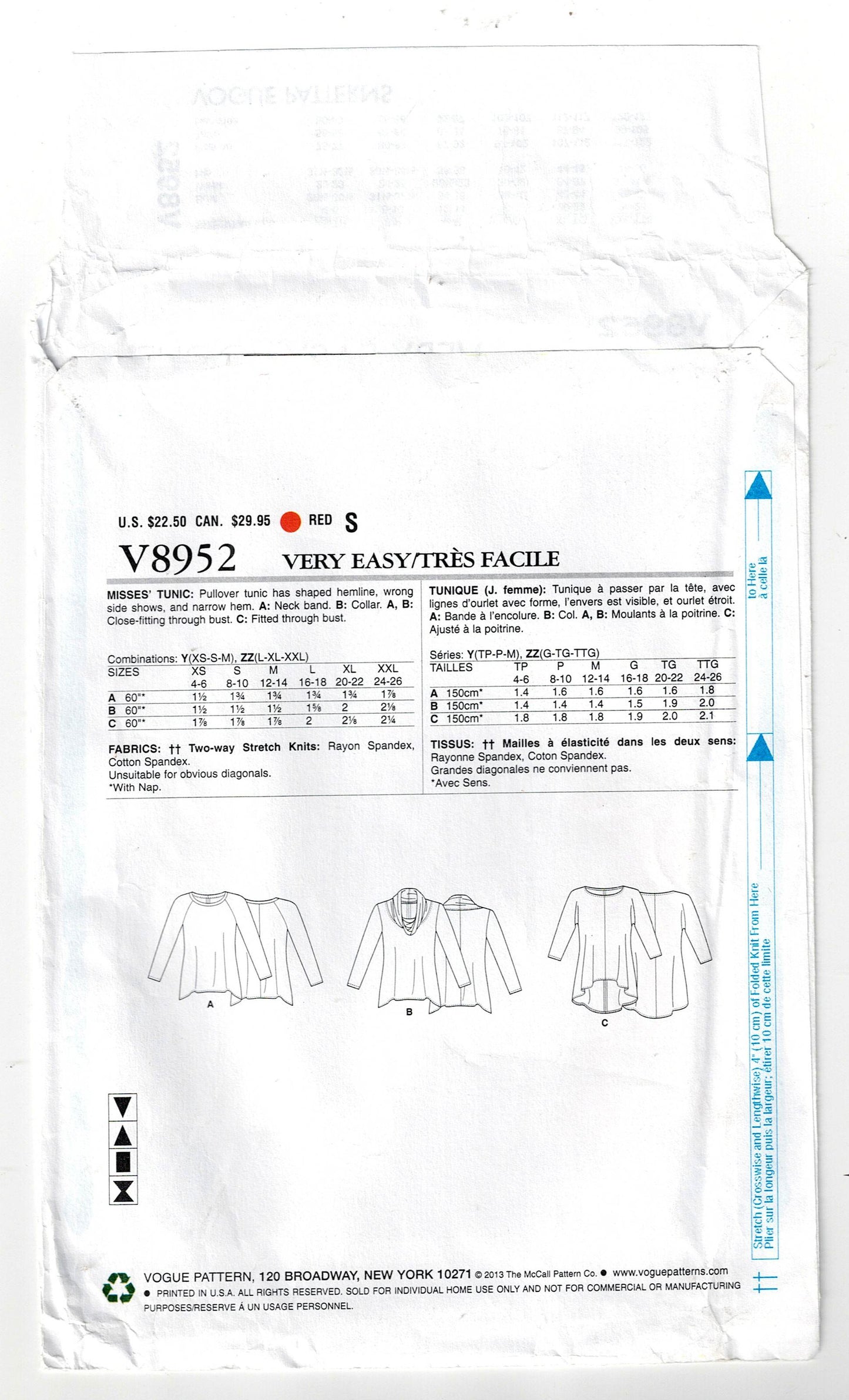 Vogue 8952 Womens EASY 2 Way Stretch Pullover Tunic Tops Out Of Print Sewing Pattern Size L - XXL UNCUT Factory Folded