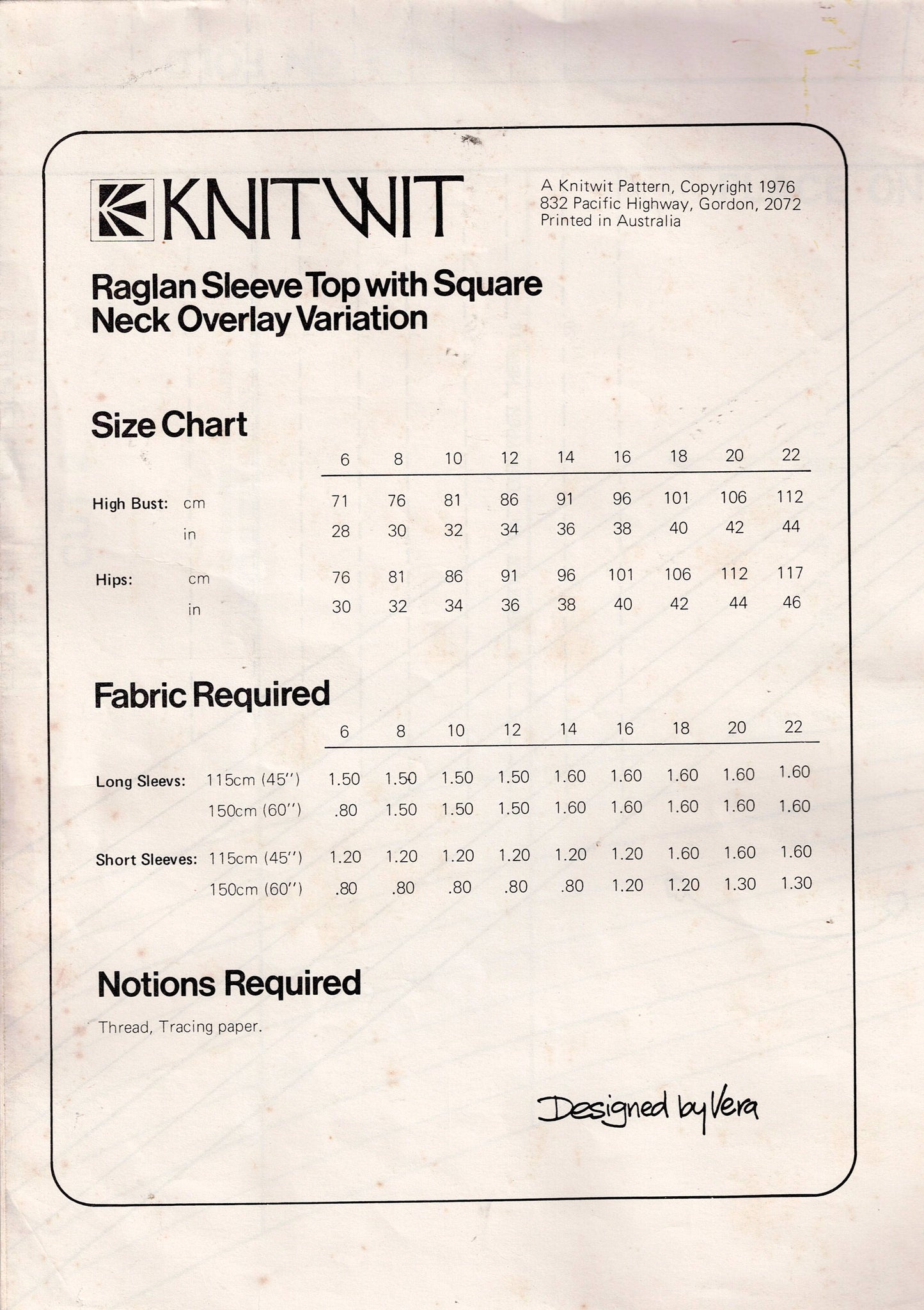 Knitwit 1150 Womens Stretch Raglan Sleeved T Shirt with Square Neck Option 1970s Vintage Sewing Pattern Sizes 6 - 22 UNCUT Master Pattern