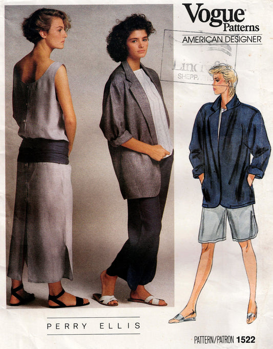 Vogue American Designer 1522 PERRY ELLIS Womens Jacket Dress Top Pants & Shorts 1980s Vintage Sewing Pattern Size 10 Bust 32.5 inches