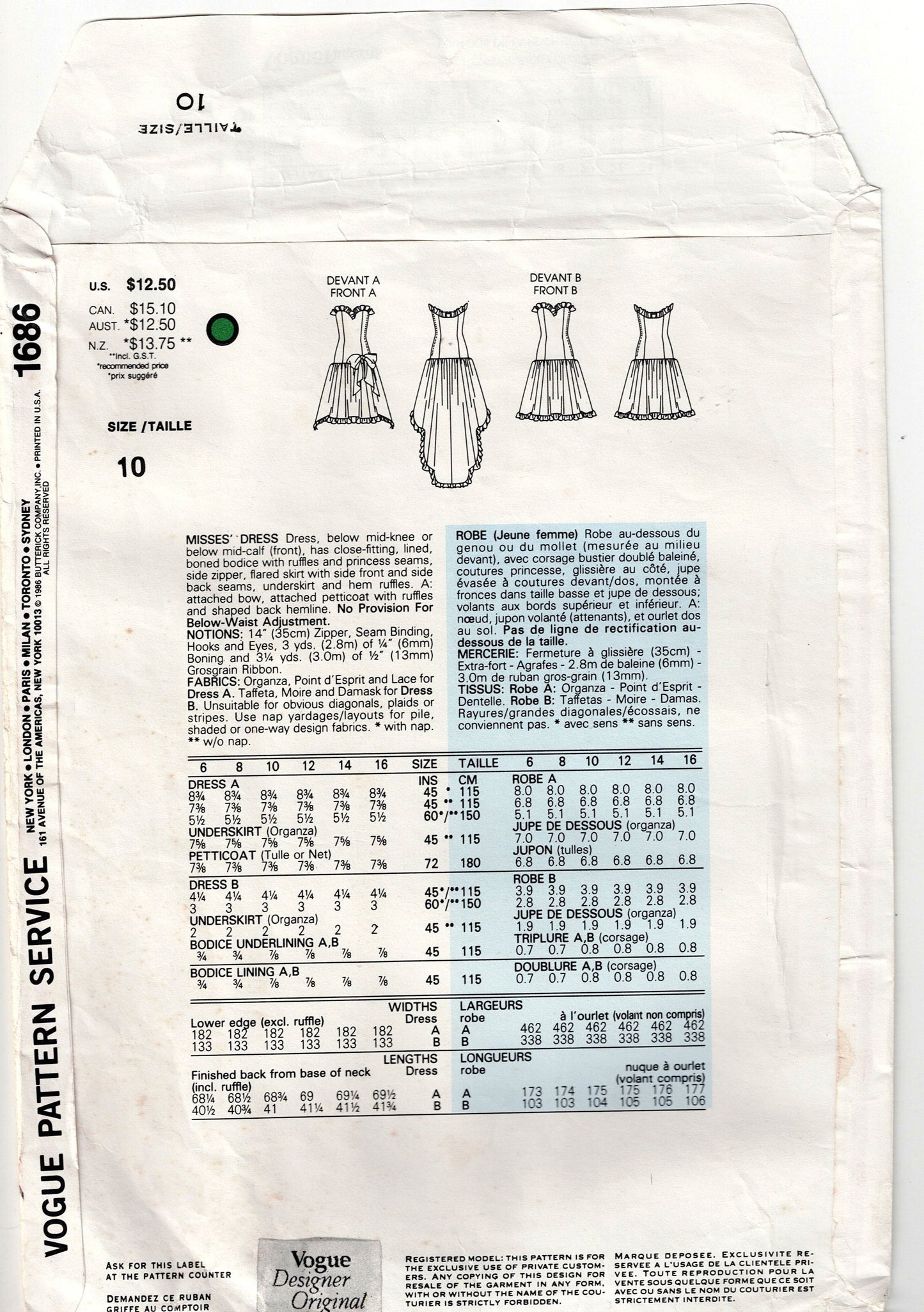 Vogue Designer Original 1686 BELLVILLE SASSOON Womens Steampunk Evening Gown with Boned Corset & High Low Hem 1980s Vintage Sewing Pattern Size 10 Bust 32.5 Inches