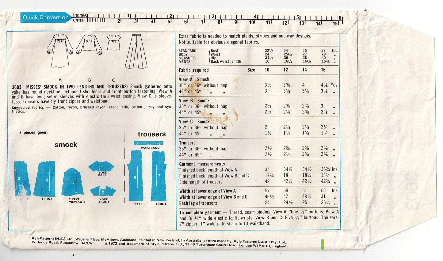 Style 3603 Womens Yoked Smock Dress Top & Pants 1970s Vintage Sewing Pattern Size 12 Bust 34 inches