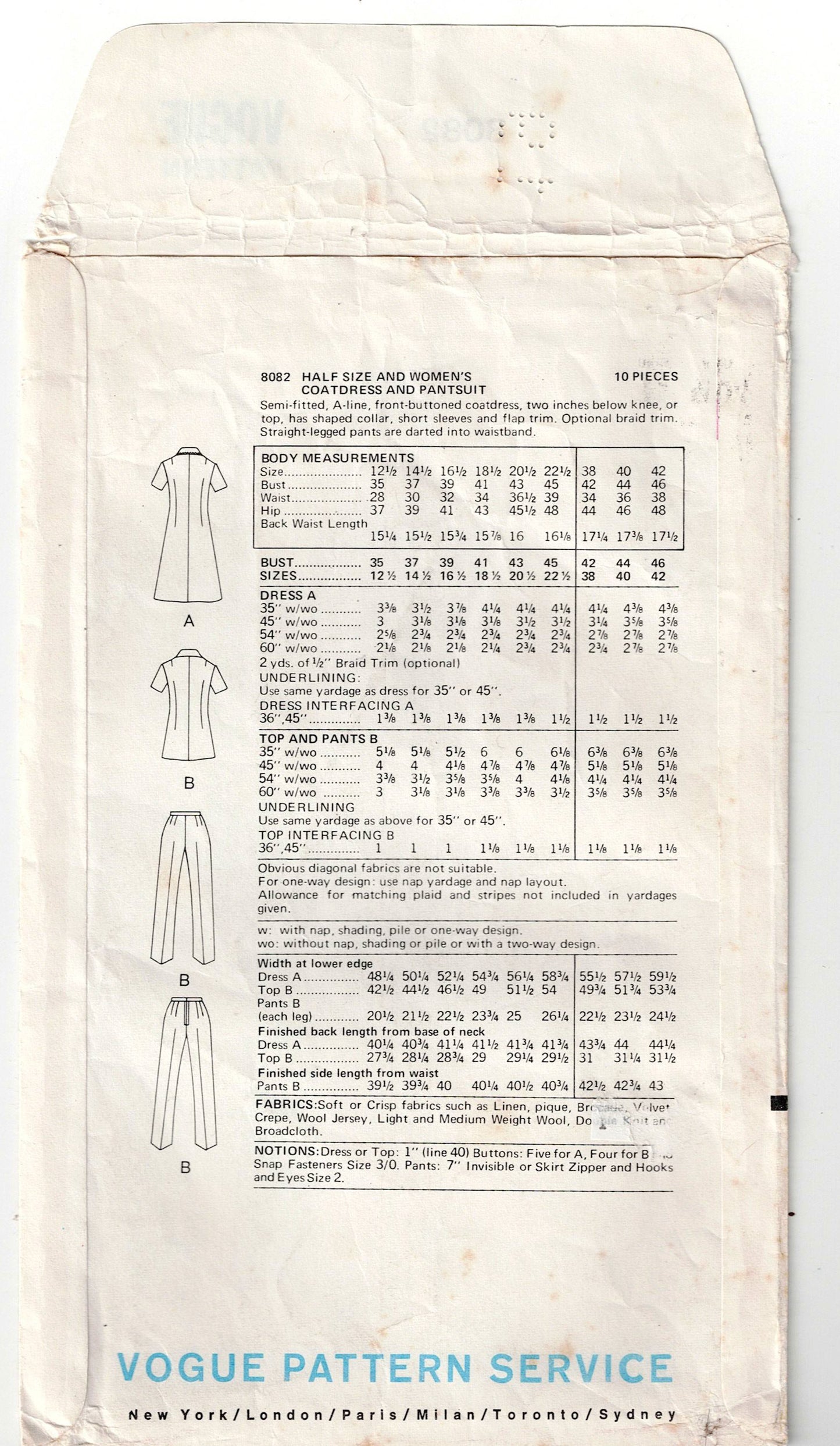 Vogue 8082 Womens HALF SIZE Princess Seamed Coatdress & Pantsuit 1970s Vintage Sewing Pattern Bust 41 inches