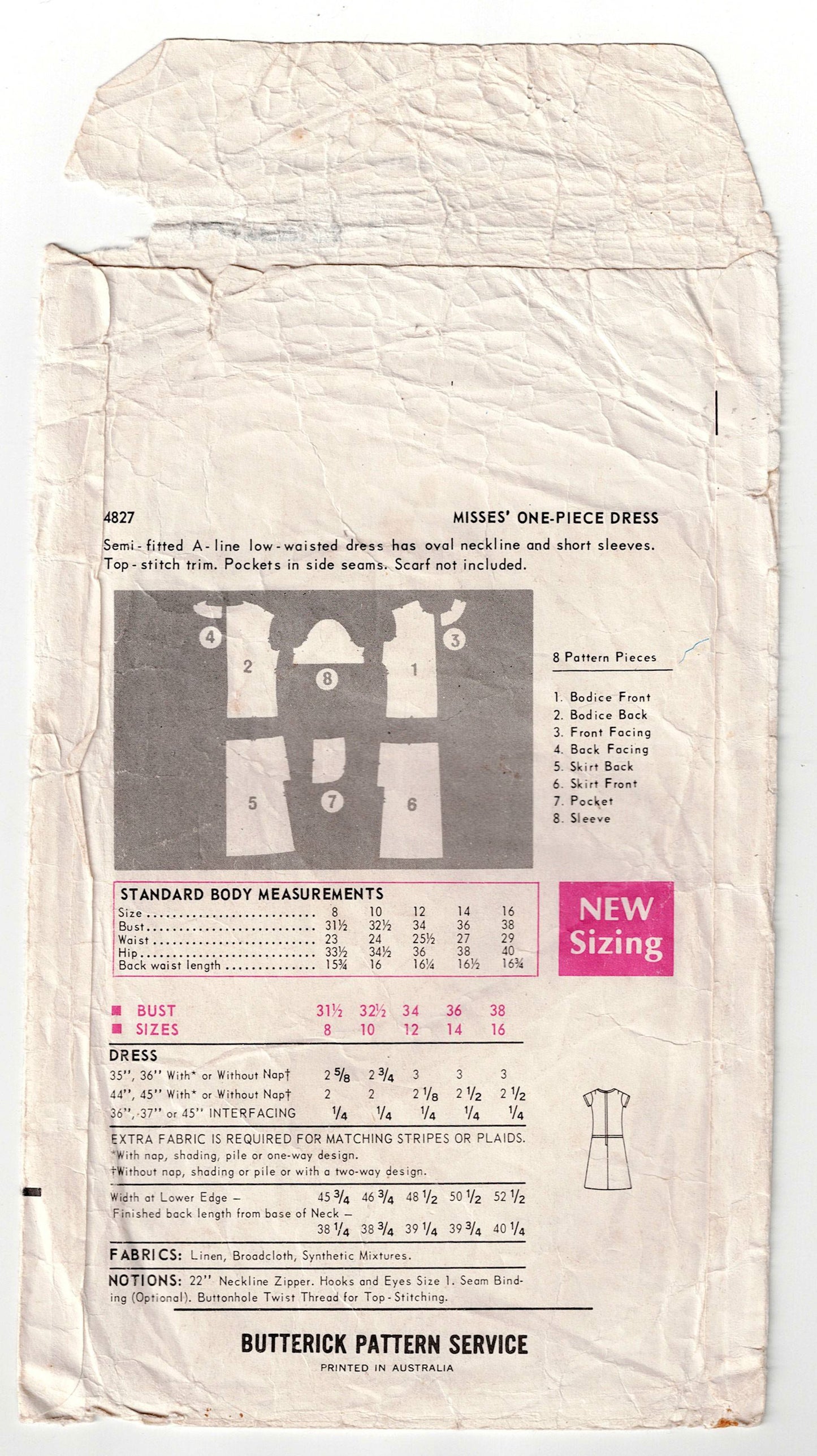 Butterick 4827 Womens Drop Waisted Dress with Topstitched Pockets 1960s Vintage Sewing Pattern Size 12 Bust 34 inches