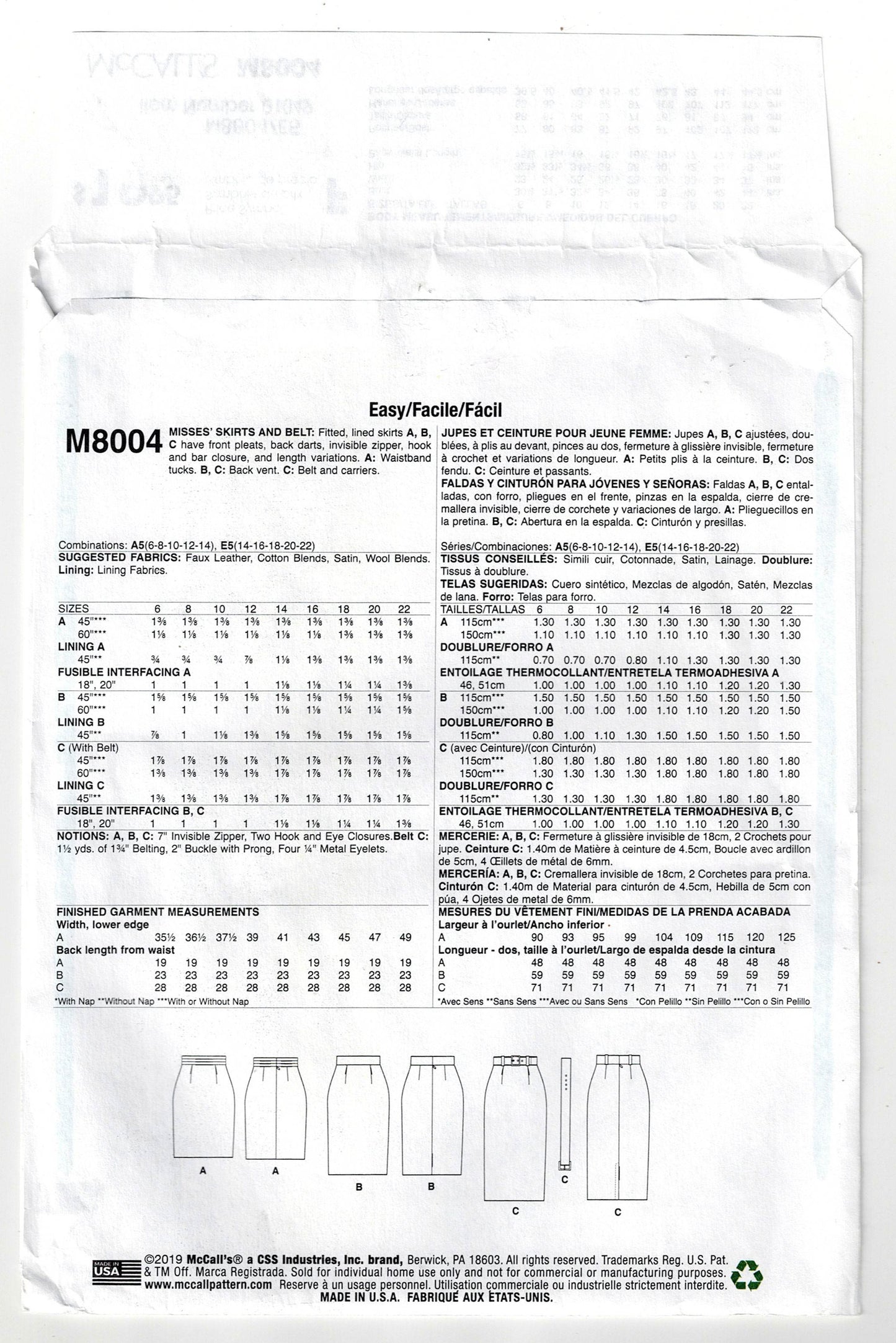 McCall's 8004 Womens Lined Pencil Skirts Sewing Pattern Size 14 - 22 UNCUT Factory Folded
