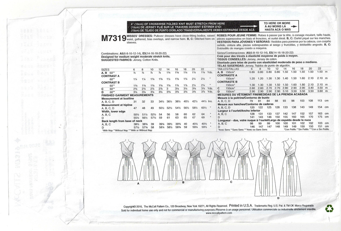 McCall's 7319 Womens Stretch Knit Dress with Crossover Bodice Out Of Print Sewing Pattern Size 14 - 22 UNCUT Factory Folded