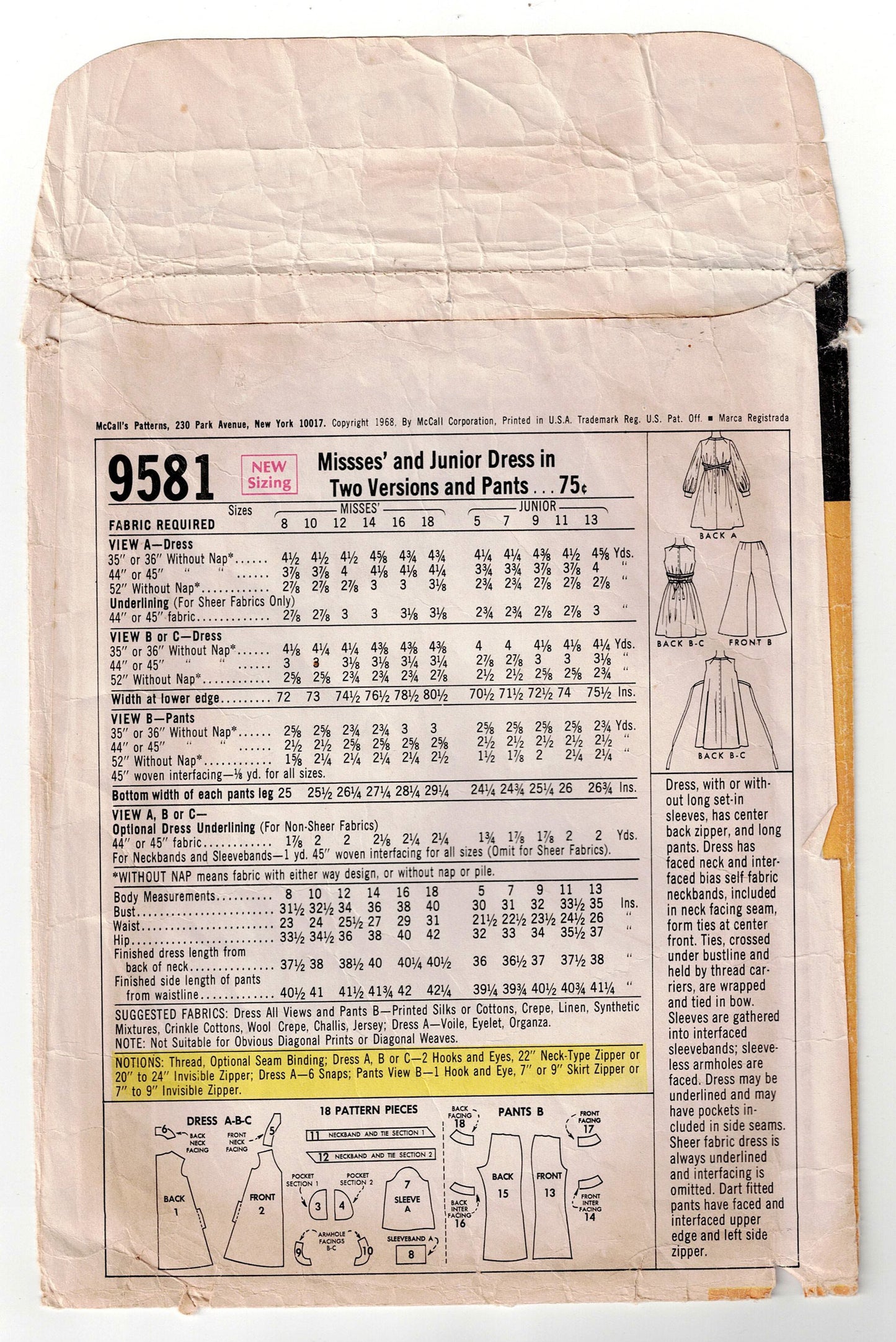 McCall's 9581 Womens Hippie Tied Tent Dress & Bell Bottom Pants 1960s Vintage Sewing Pattern Size 12 Bust 34 inches