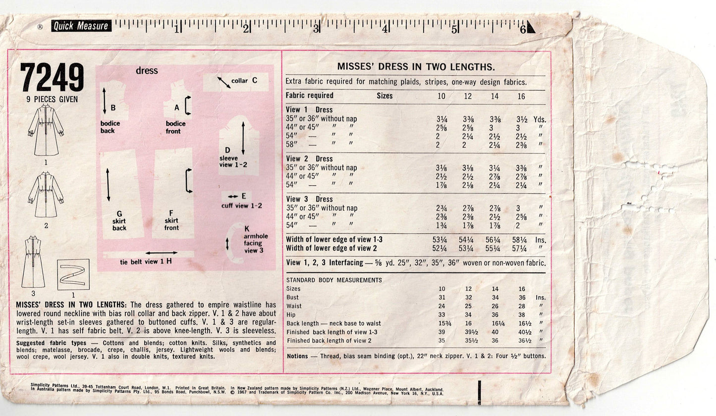 Simplicity 7249 Womens Empire Waisted Dress with Bias Roll Collar 1960s Vintage Sewing Pattern Size 14 Bust 34 inches