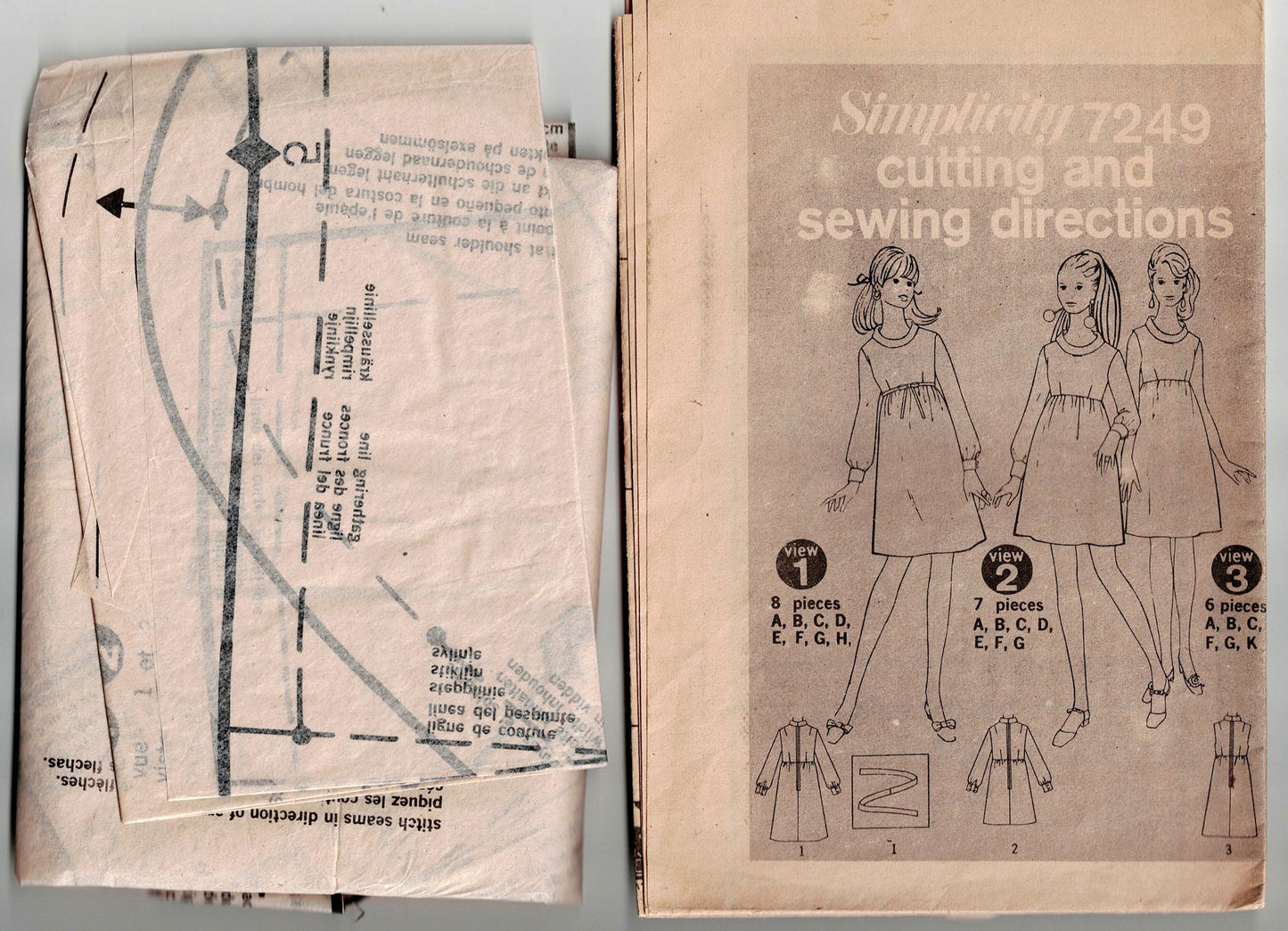 Simplicity 7249 Womens Empire Waisted Dress with Bias Roll Collar 1960s Vintage Sewing Pattern Size 14 Bust 34 inches