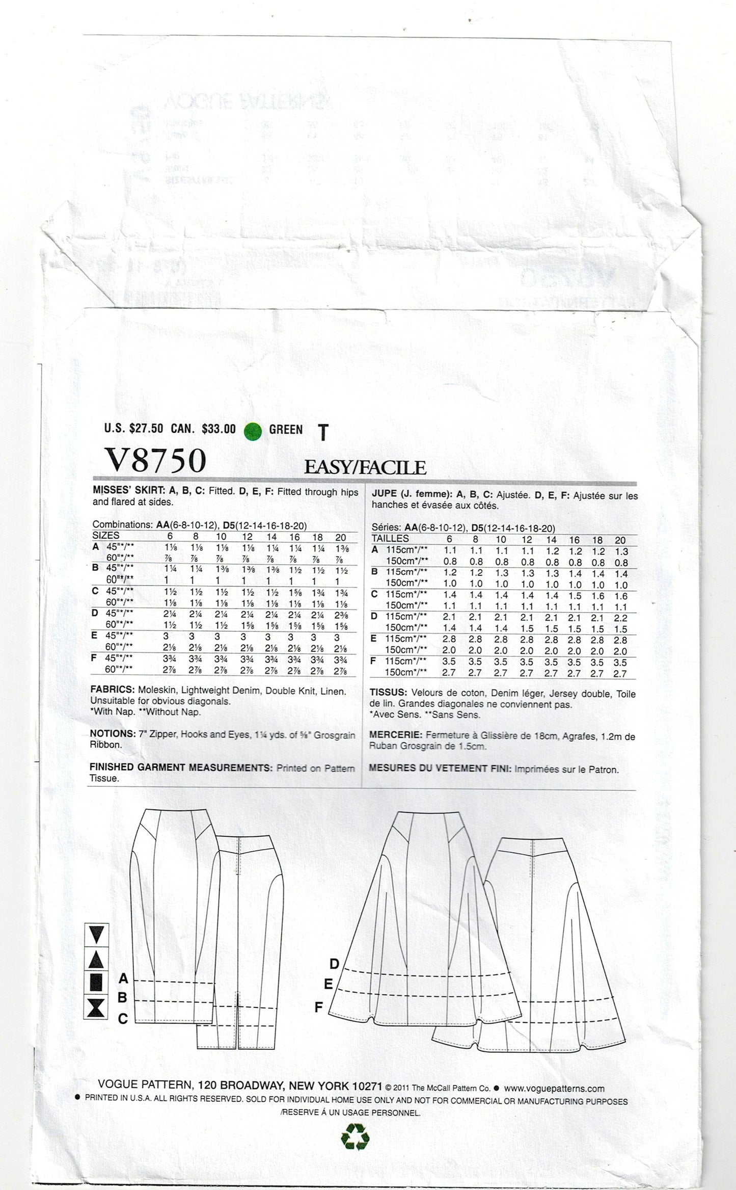 Vogue 8750 Womens Side Flared or Pencil Skirts Sewing Pattern Size 6 - 12 UNCUT Factory Folded