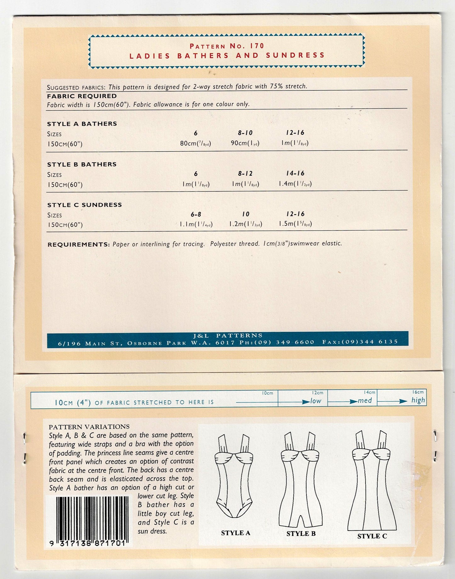 J & L Stretch 170 Womens Stretch Beach Dress & One Piece Swimsuit with High Cut or Boyleg Styles Sewing Pattern Sizes 6 - 16 UNCUT Factory Folded