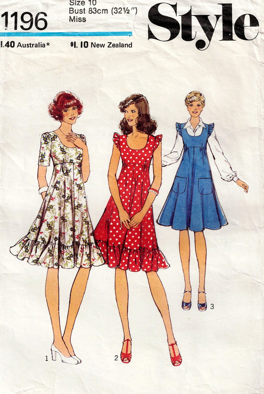 Style 1196 Womens Ruffled Fit & Flared Dress or Pinafore 1970s Vintage Sewing Pattern Size 10 Bust 32.5 inches