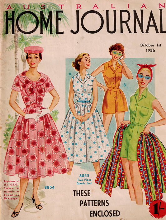 Australian Home Journal October 1956 Magazine with Womens Playsuit Shirtdress & Wrap Skirt Sewing Patterns Included