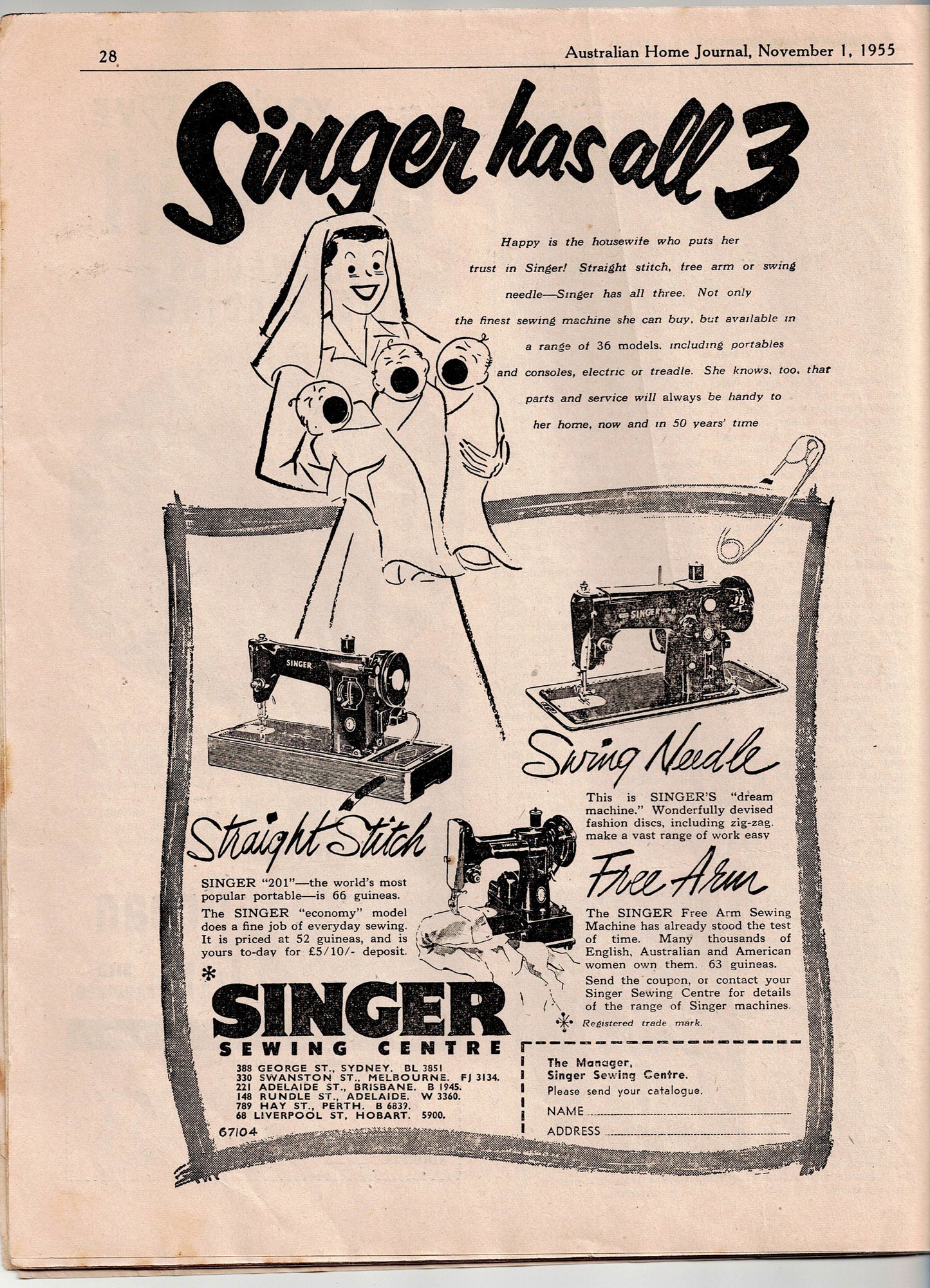 Australian Home Journal November 1955 Magazine with Womens 3 Dresses & Bolero Jacket Sewing Patterns Included