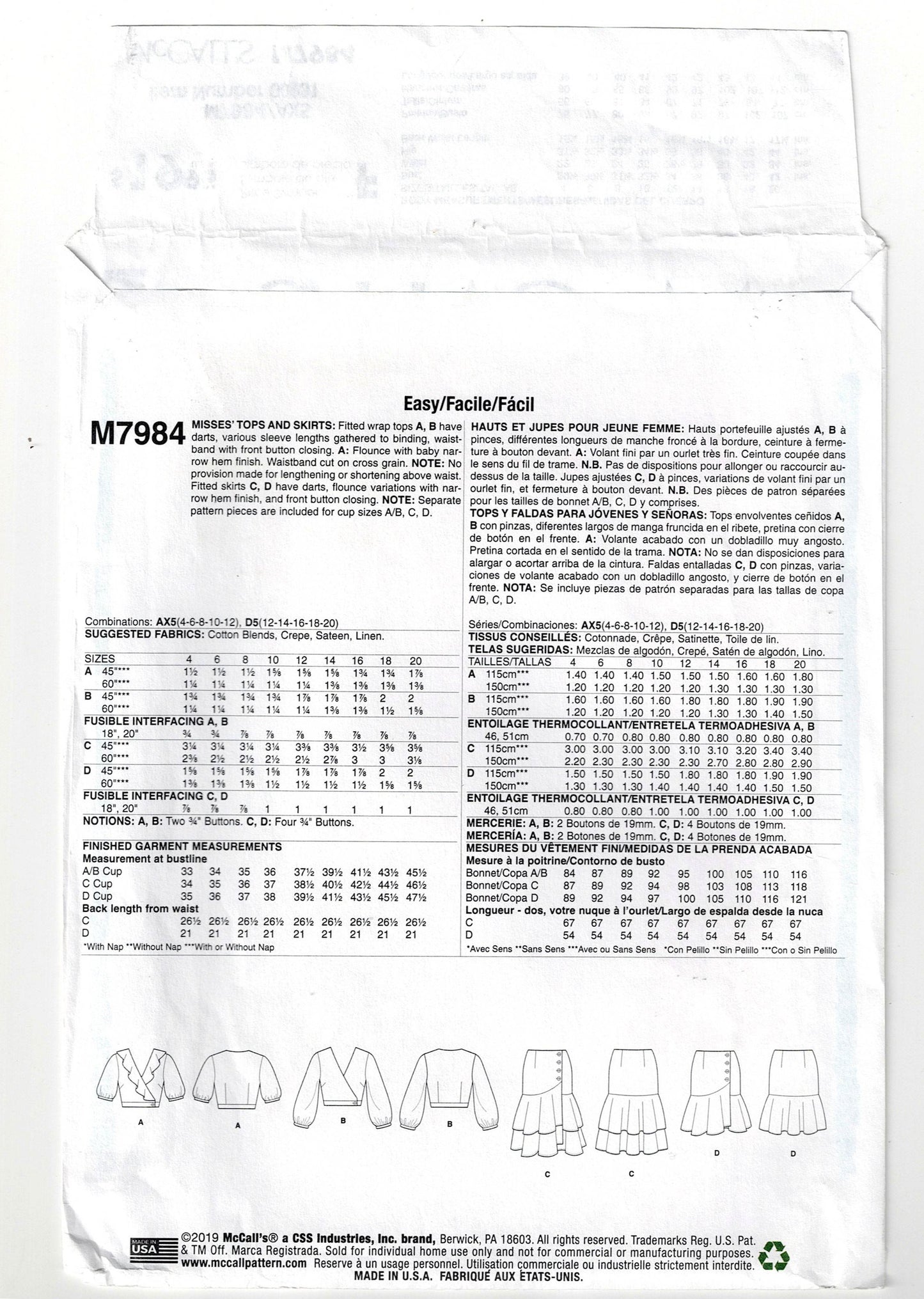 McCall's 7984 Womens Ruffled Wrap Midriff Top & Skirt Out Of Print Sewing Pattern Sizes 4 - 12 UNCUT Factory Folded