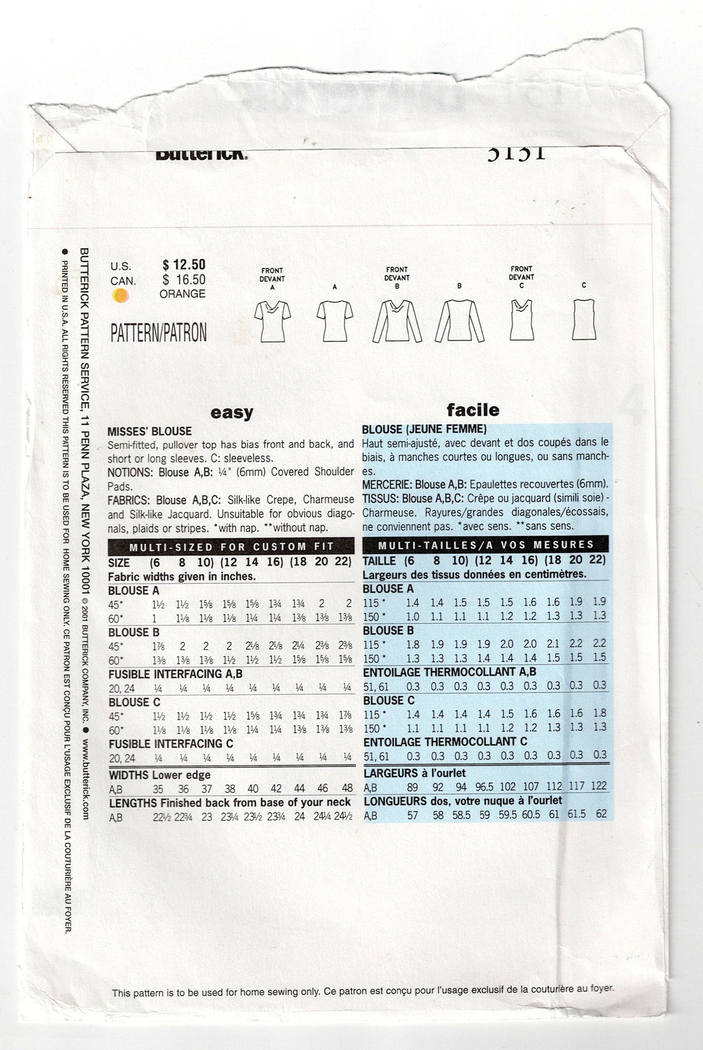 Butterick 3131 EASY Womens Bias Draped Tops Out Of Print Sewing Pattern Size 12 - 16  UNCUT Factory Folded