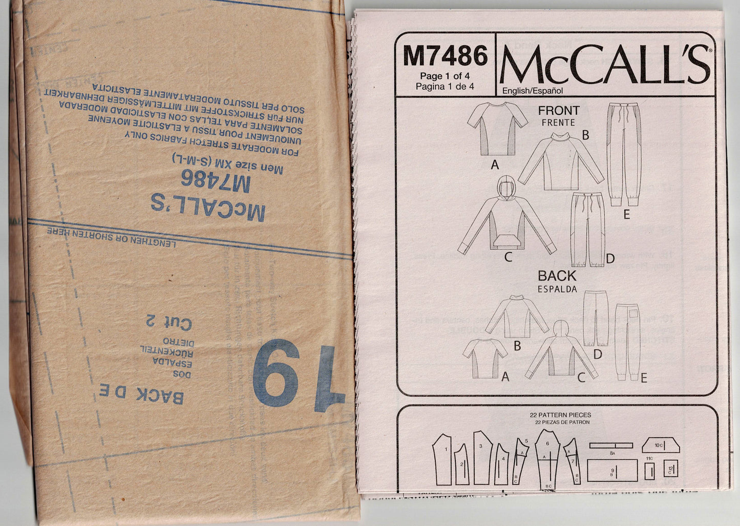 McCall's 7486 Mens Stretch Knit Raglan Sleeved Tops & Pants Sewing Pattern Size S/M/L UNCUT Factory Folded