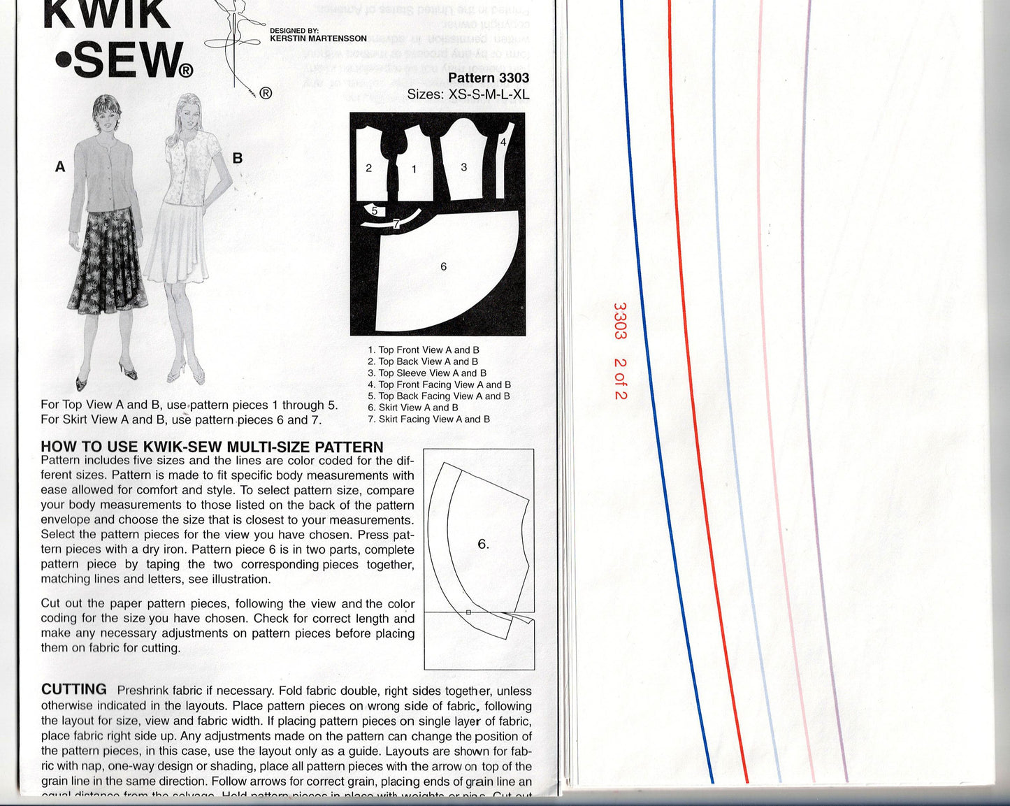 Kwik Sew 3303 Womens Button Front Tops & Skirts Out Of Print Sewing Pattern Size XS - XL UNCUT Factory Folded