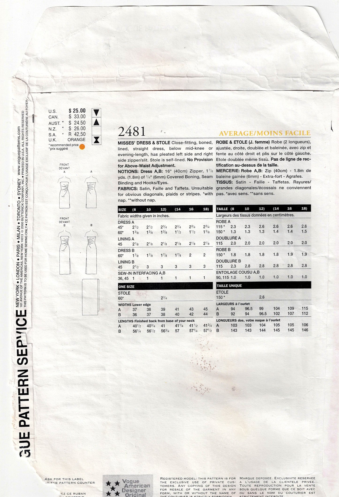 Vogue American Designer 2481 BELLVILLE SASSOON Womens Strapless Boned Bodice Evening Gown & Stole Out Of Print Sewing Pattern Size 14 - 18 UNCUT Factory Folded