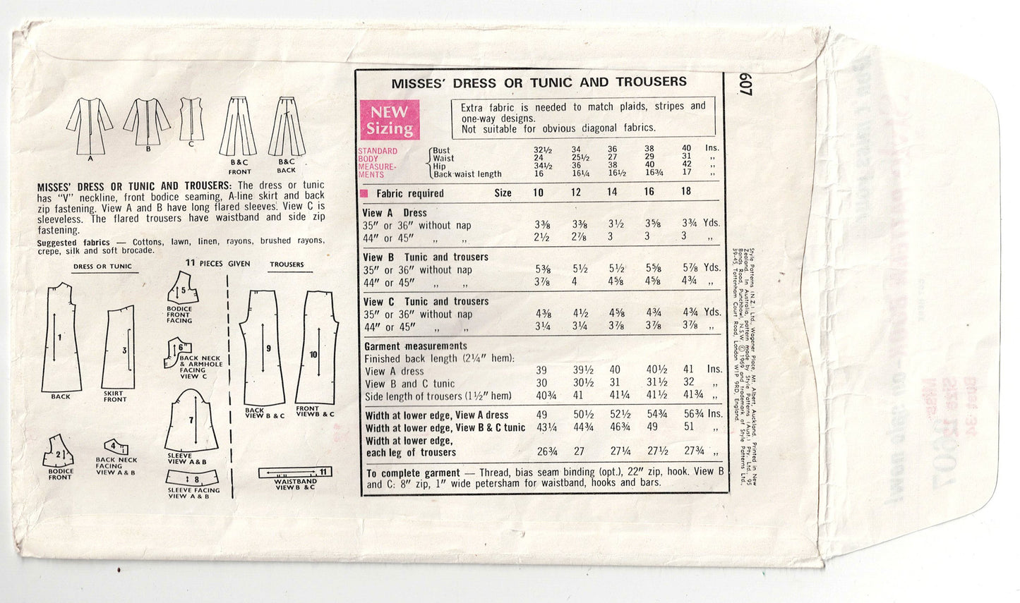 Style 2607 Womens Flared Sleeve Dress Tunic & Pants 1960s Vintage Sewing Pattern Size 12 Bust 34 inches