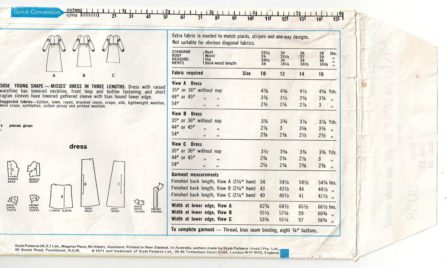 Style 3058 Womens Boho High Waisted Dress with Sectioned Puff Sleeves 1970s Vintage Sewing Pattern Size 12 Bust 34 inches