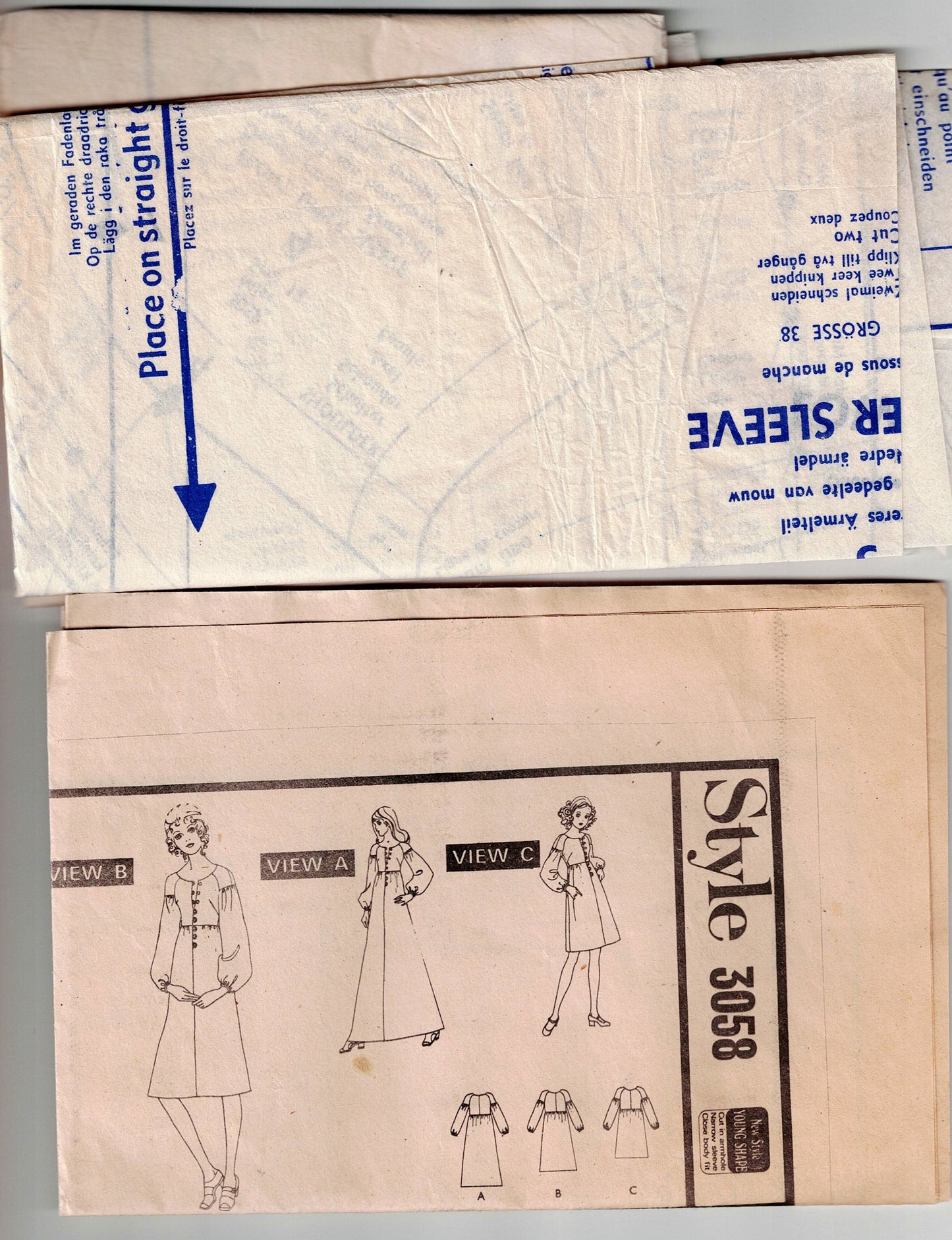 Style 3058 Womens Boho High Waisted Dress with Sectioned Puff Sleeves 1970s Vintage Sewing Pattern Size 12 Bust 34 inches
