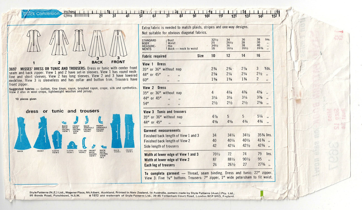 Style 3697 Womens Collared Dress Tunic & Pants 1970s Vintage Sewing Pattern Size 12 Bust 34 inches