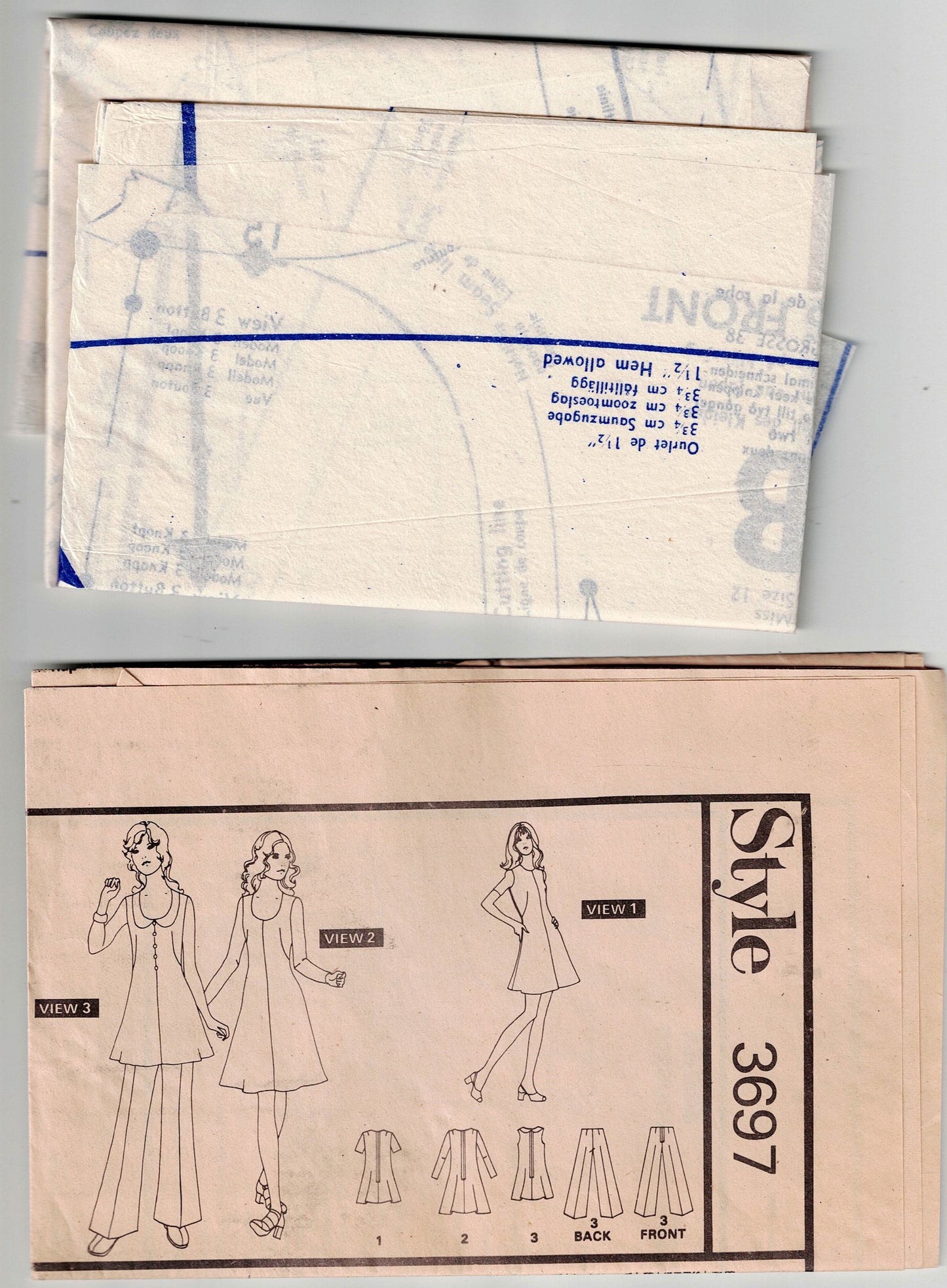 Style 3697 Womens Collared Dress Tunic & Pants 1970s Vintage Sewing Pattern Size 12 Bust 34 inches