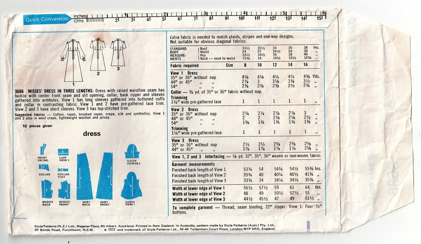 Style 3686 Womens Empire Waisted Puff Sleeved Dress 1970s Vintage Sewing Pattern Size 12 Bust 34 inches