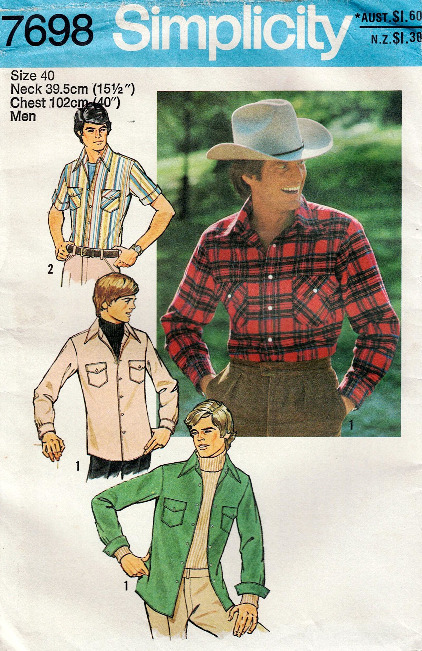 Simplicity 7698  Retro Mens Wide Collar Flannelette Yoked Western Shirt 1970s Vintage Sewing Pattern Chest 38 or 40 inches