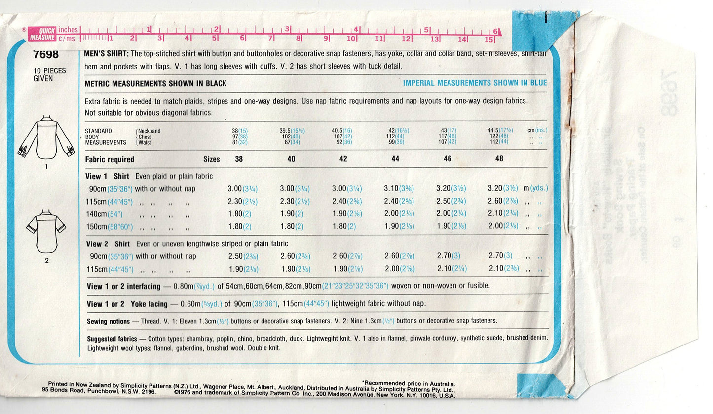 Simplicity 7698  Retro Mens Wide Collar Flannelette Yoked Western Shirt 1970s Vintage Sewing Pattern Chest 38 or 40 inches