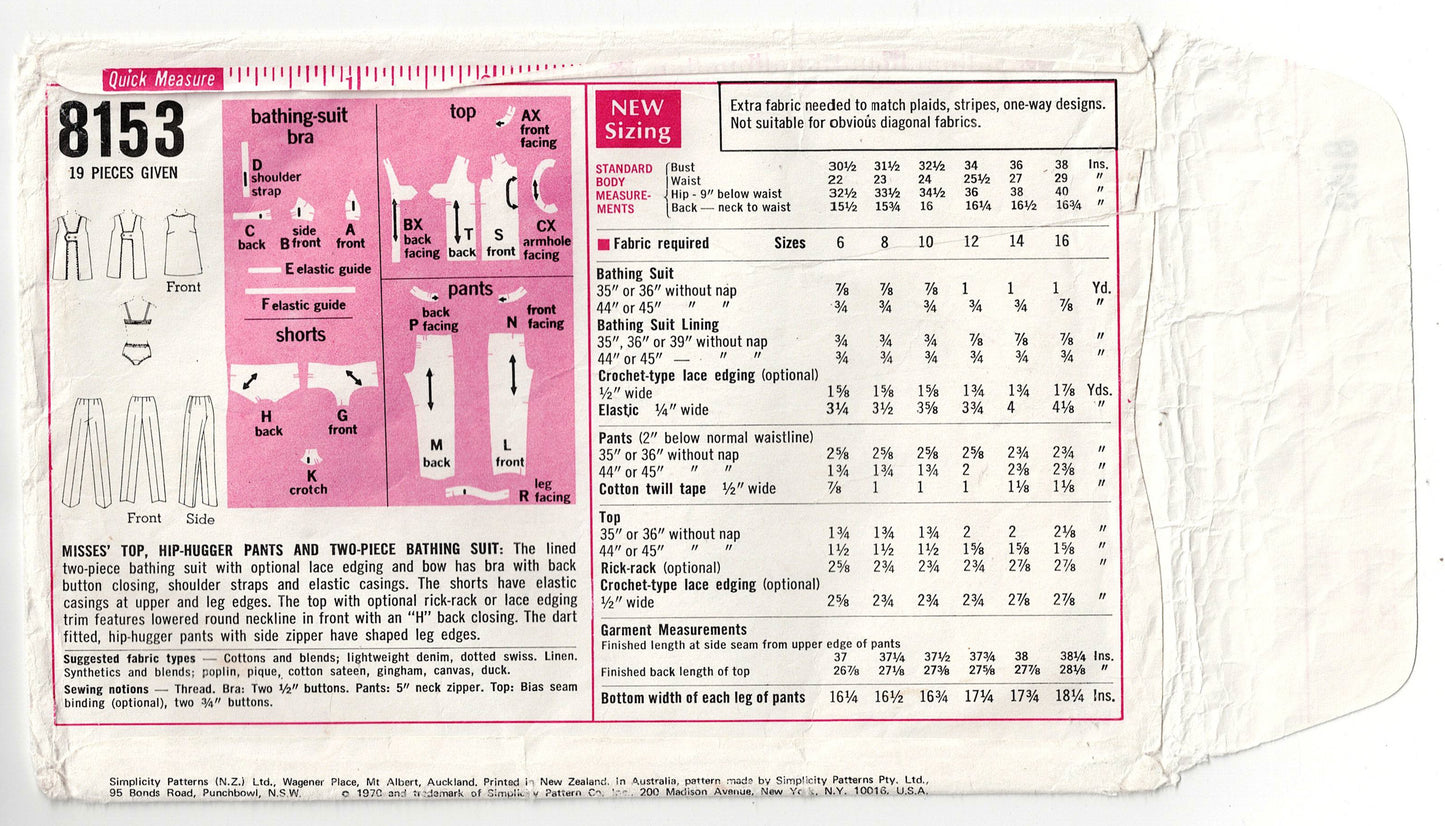 Simplicity 8153 Womens Beach Top Hipster Pants & Bikini 1960s Vintage Sewing Pattern Size 14 Bust 36 inches