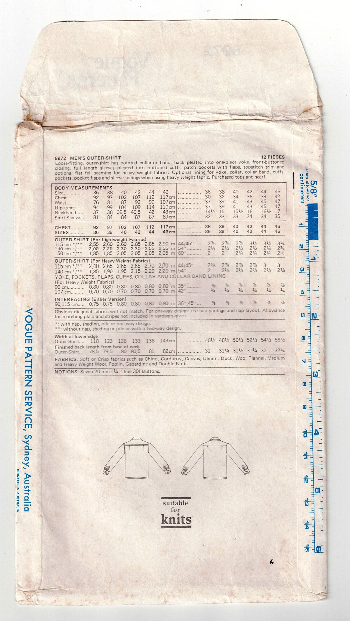 Vogue 8972 Mens Safari Style Sports Shirt/Jacket 1970s Vintage Sewing Pattern Chest 42 inches UNCUT Factory Folded