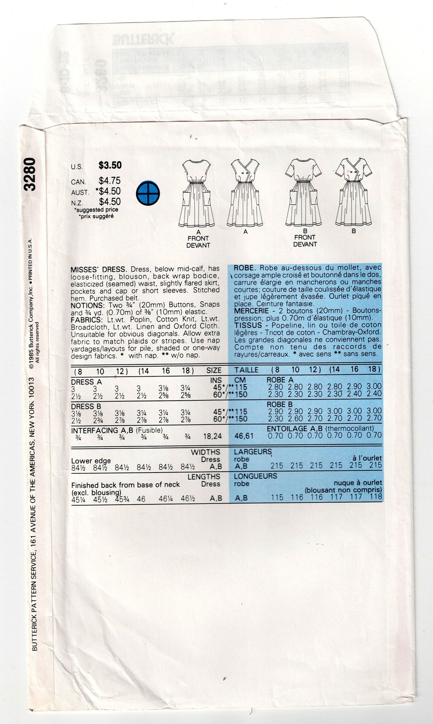 Butterick 3280 EASY Womens Back Buttoned Sundress 1980s Vintage Sewing Pattern Size 8 - 12