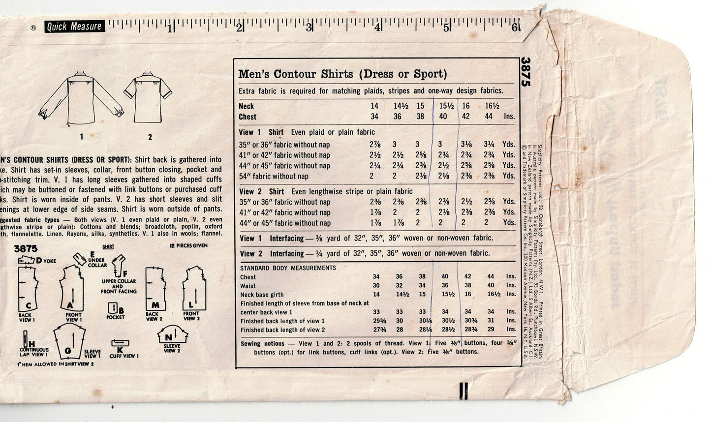 Simplicity 3875 Mens Classic Contour Shirts 1960s Vintage Sewing Pattern Chest 40 inches UNUSED Factory Folded