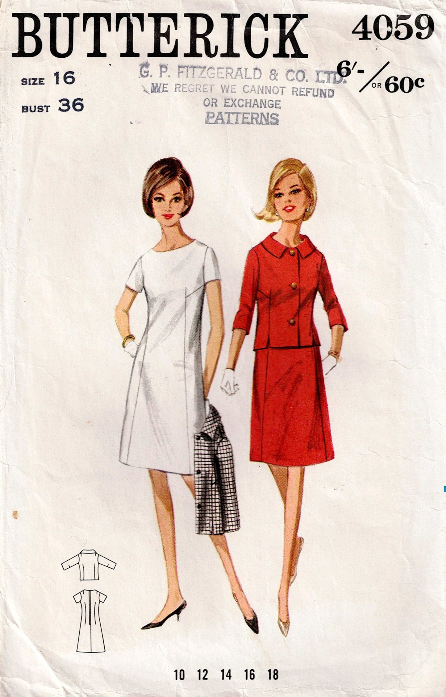 Butterick 4059 Womens Shift Dress & 3/4 Sleeved Jacket 1960s Vintage Sewing Pattern Size 16 Bust 36 inches